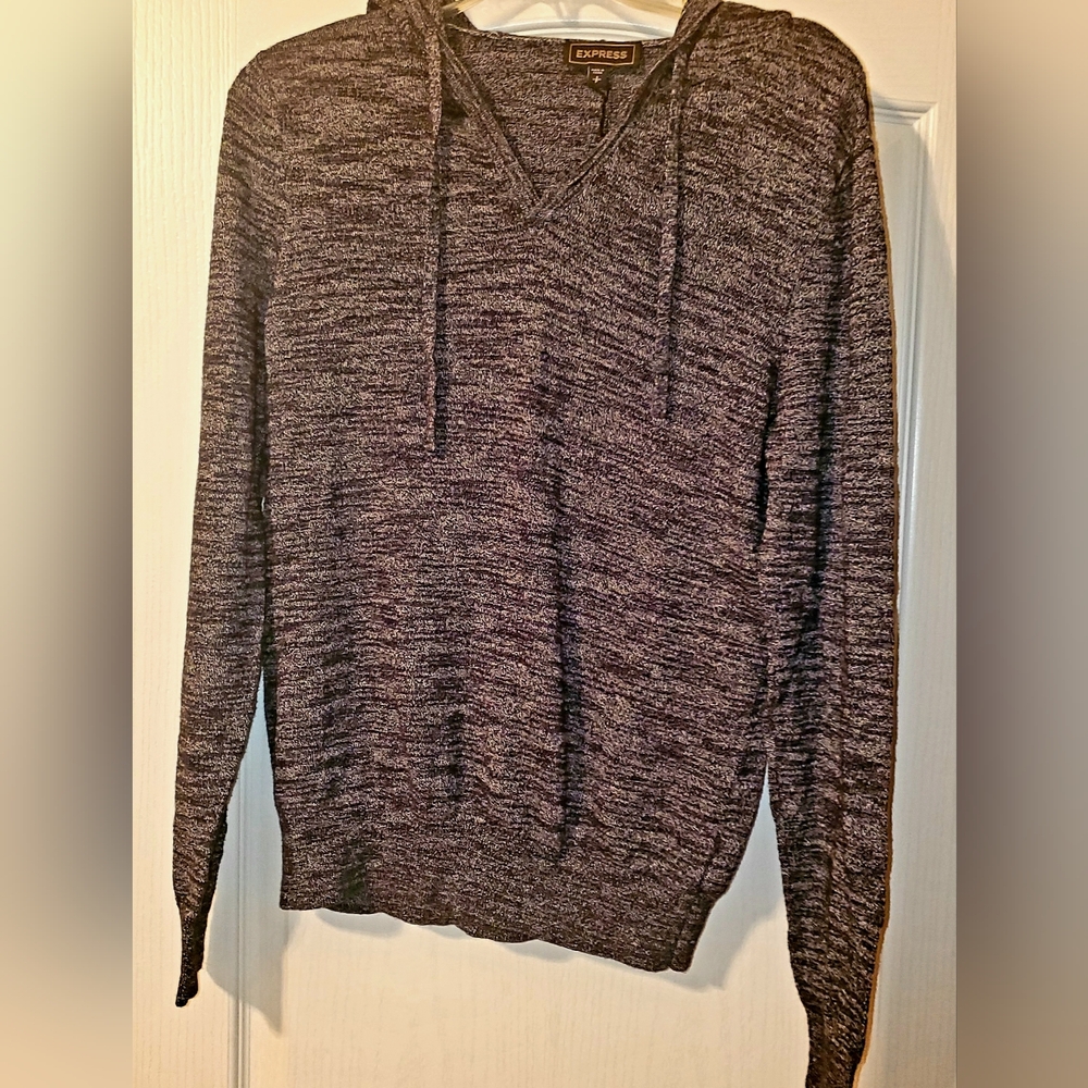 Express Men's V-Neck Sweater With Hood Heathered Gray SZ S